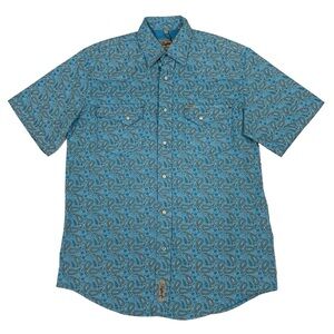 Cavender's Rafter C Men Sz M Shirt Short Sleeve Pearl Button Blue Paisley Flex